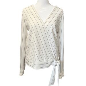 NWOT Alex Marie White & Black Striped Wrap Tie Long Sleeve Blouse Top Size S